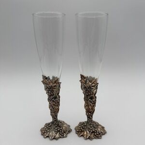 Arthur Court Grape Champagne Flutes Set 2 Pewter Stem Wine Glass Vineyard Tuscan